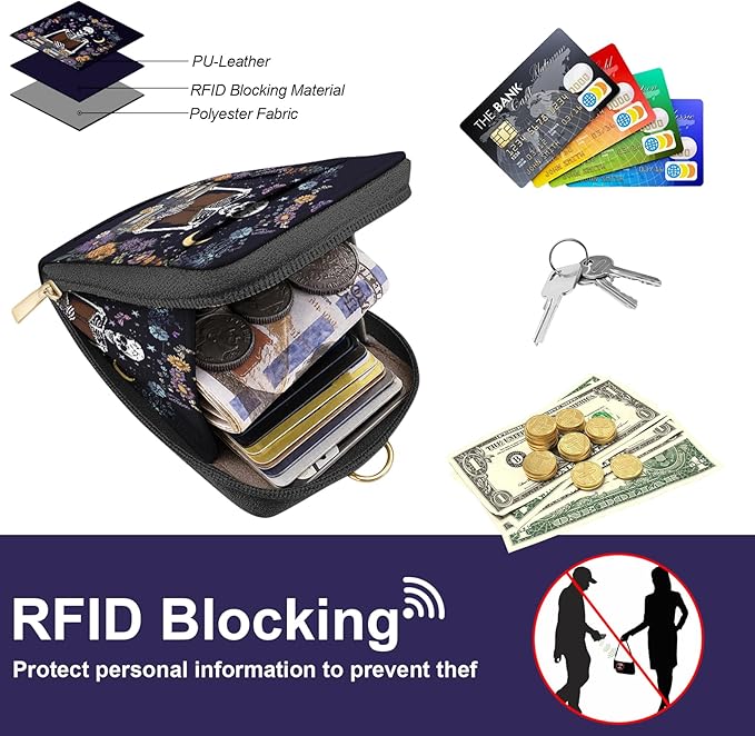 Skeleton Lanyard Wallet with ID Badge Holder PU Leather with 1 Zip Pocket and 3 Card Slots Keychain Phone Lanyard Wrist Strap, RFID Blocking, for Office School Business Security Staff