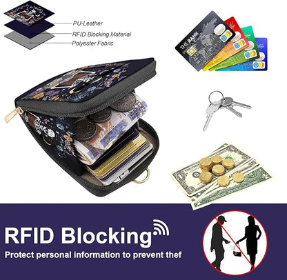 Skeleton Lanyard Wallet with ID Badge Holder PU Leather with 1 Zip Pocket and 3 Card Slots Keychain Phone Lanyard Wrist Strap, RFID Blocking, for Office School Business Security Staff