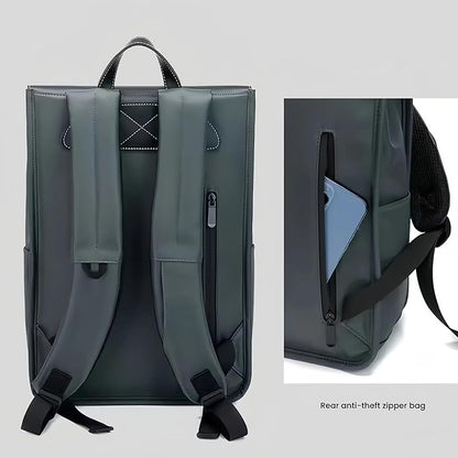 Multi-Compartment Laptop Backpack, PU Leather, Black, with Reinforced Handle and Multiple Storage Pockets