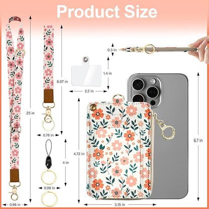 Floral ID Badge Holder with Lanyard,Slots Keychain Phone Lanyard Wrist Strap,RFID ID Badge Holder with Pu Multiple Zip Id Case Wallet for Office School Business Security Staff Women-Flower Pink