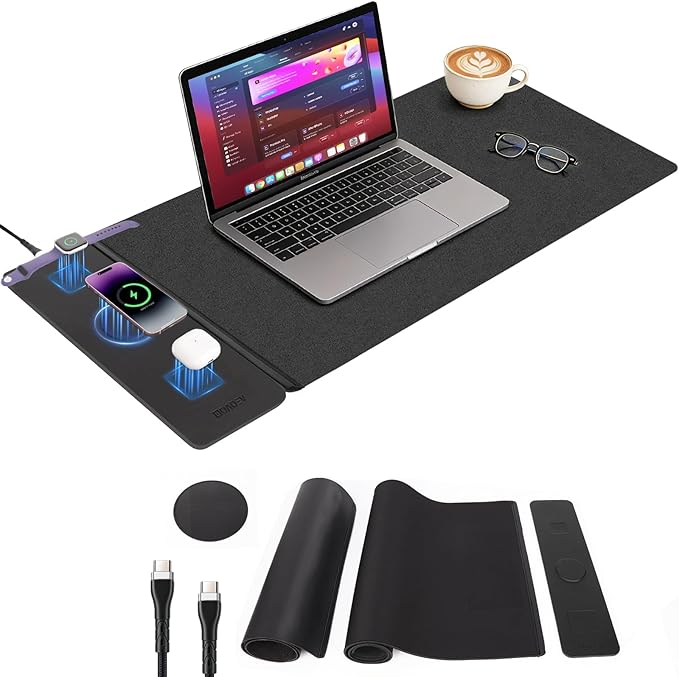 Wireless Charging Mouse Pad with 2nd Gen Tech, 3-in-1 25W Fast Charger, Replaceable Rubber & Microfiber Leather Desk Mat, Large Waterproof Desk Pad for Office & Gaming(Fabric&Leather 2 Pcs Mat)
