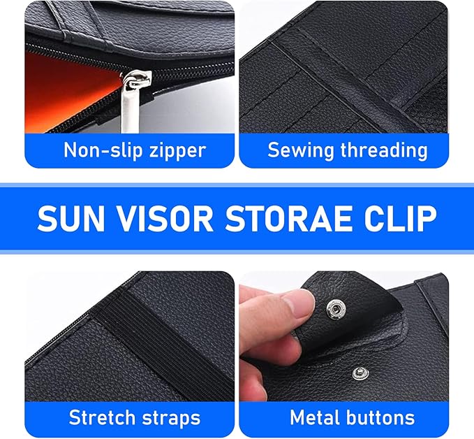 Pack-1 Car Sun Visor Organizer, 11.4In x 5.9In Multi-Functional Pocket Business Card Holder, Universal Car Interior Receiving, for Most Cars, Trucks and Vans (Black)