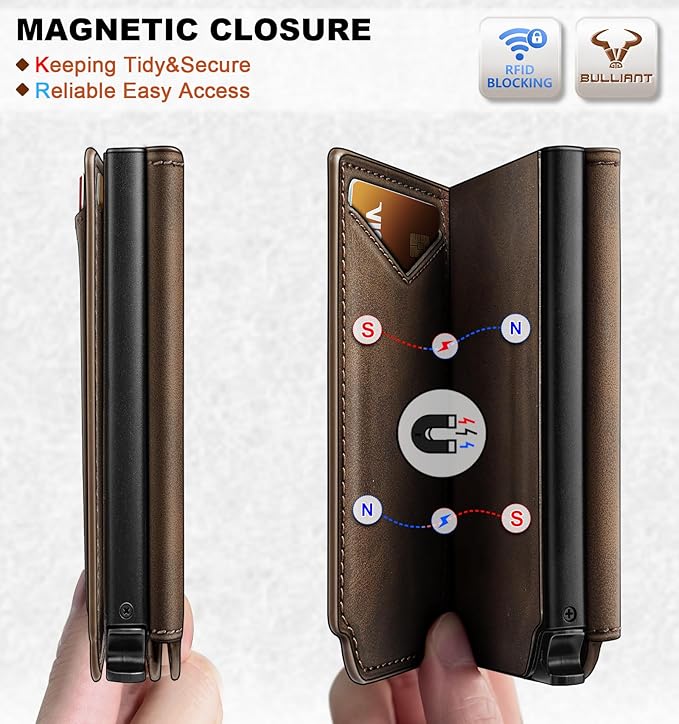 BULLIANT Men Wallet Leather Wallet Card Holders Money Clip for Men 10Cards-Magnetic Flip on Metal Case