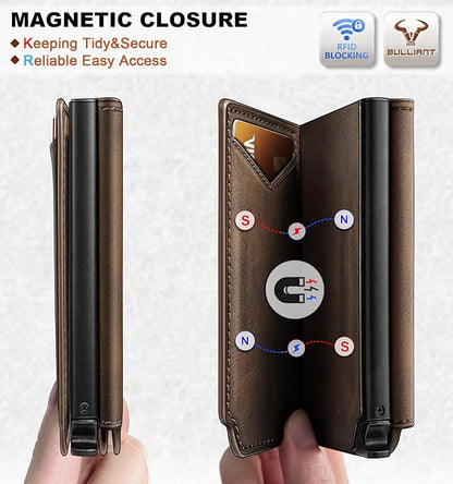 BULLIANT Men Wallet Leather Wallet Card Holders Money Clip for Men 10Cards-Magnetic Flip on Metal Case