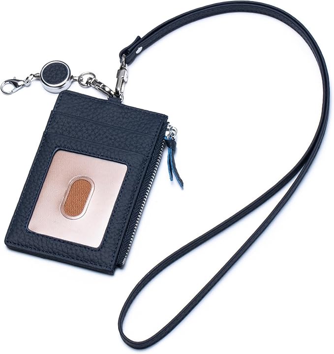 Leather Lanyard Wallet with ID Badge Holder, Minimalist Wallet for Women & Men, Women's ID Case with Zipper Pocket, Breakaway Lanyard & Retractable Reel Clip for Teacher Nurse Student (Dark Blue)
