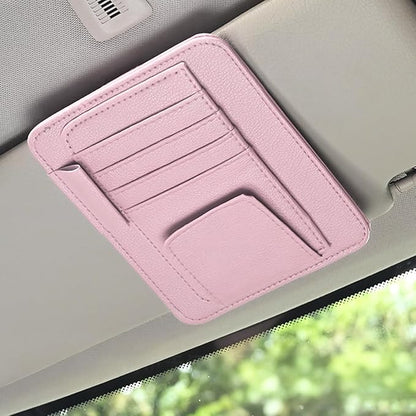 Car Sun Visor Organizer, PU Leather Vehicle Visor Document Storage Pocket for Sunglass Card Pen, Multifunctional Automotive Interior Holder Accessories, Universal Fit (Pink)