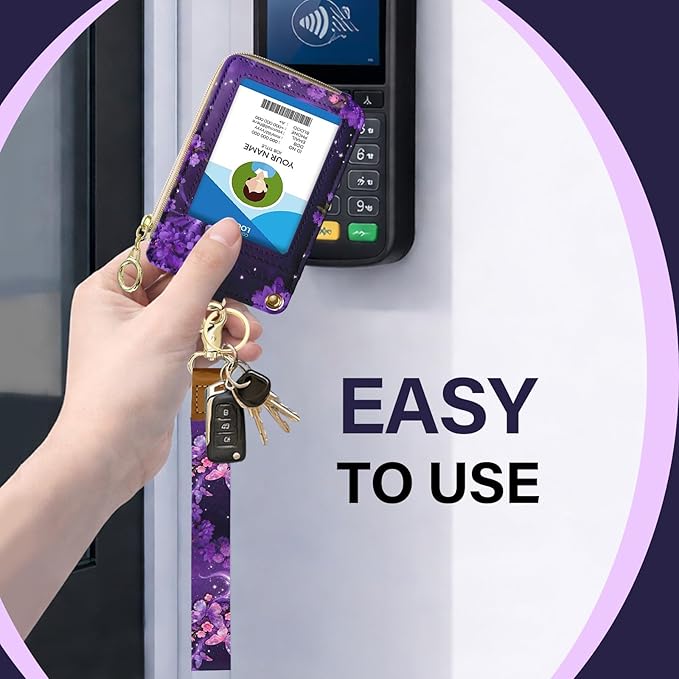 Lanyard Wallet with Id Badge Holder, RFID Small Keychain Wallet Lanyard for Women Wristlet, Pu Leather Zipper Credit Card Holder Phone Wrist Neck Strap for Key Name Tag - Purple Butterfly