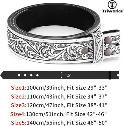 TRIWORKS Western Belt Strap for Men without Buckle 1.5" Wide Floral Engraved Embossed Leather Belt Strap