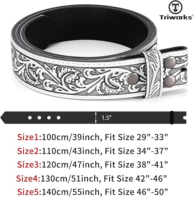 TRIWORKS Western Belt Strap for Men without Buckle 1.5" Wide Floral Engraved Embossed Leather Belt Strap