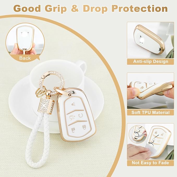 PIFOOG Key Fob Cover Fit for Cadillac XT5 XT6 XT4 CTS CT6 ATS SRX XTS 5 Buttons White Gold Car Keys Case Shell Bling Keychain Full Protector Covers Accessories Girly Women Cute Soft TPU