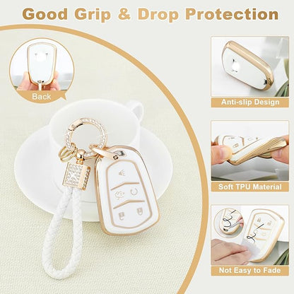 PIFOOG Key Fob Cover Fit for Cadillac XT5 XT6 XT4 CTS CT6 ATS SRX XTS 5 Buttons White Gold Car Keys Case Shell Bling Keychain Full Protector Covers Accessories Girly Women Cute Soft TPU