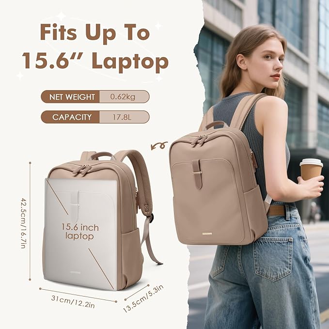 Laptop Backpack for Women,Casual Work Business Backpacks Purse Carry on Travel Backpack,15.6 Inch,Champagne Brown