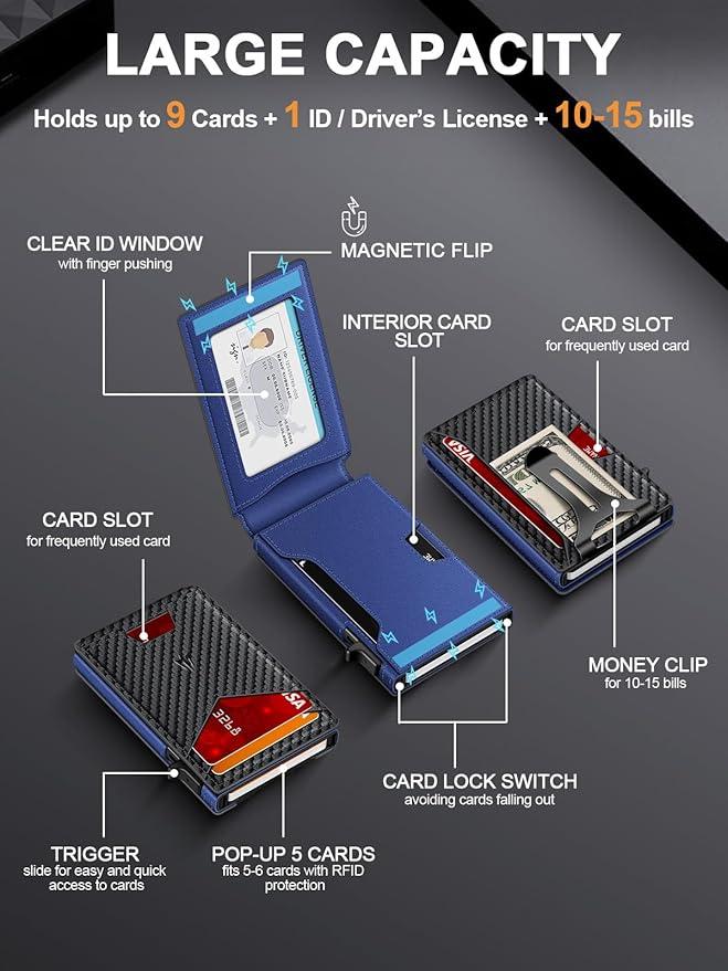 Wallet for Men, Slim Minimalist Wallet with Money Clip＆ID Window, RFID Blocking Pop-Up Credit Card Holder, Smart Auminum Mens Wallet Holds 9-13 Cards (Gift Box) (Carbon Fiber & Blue)