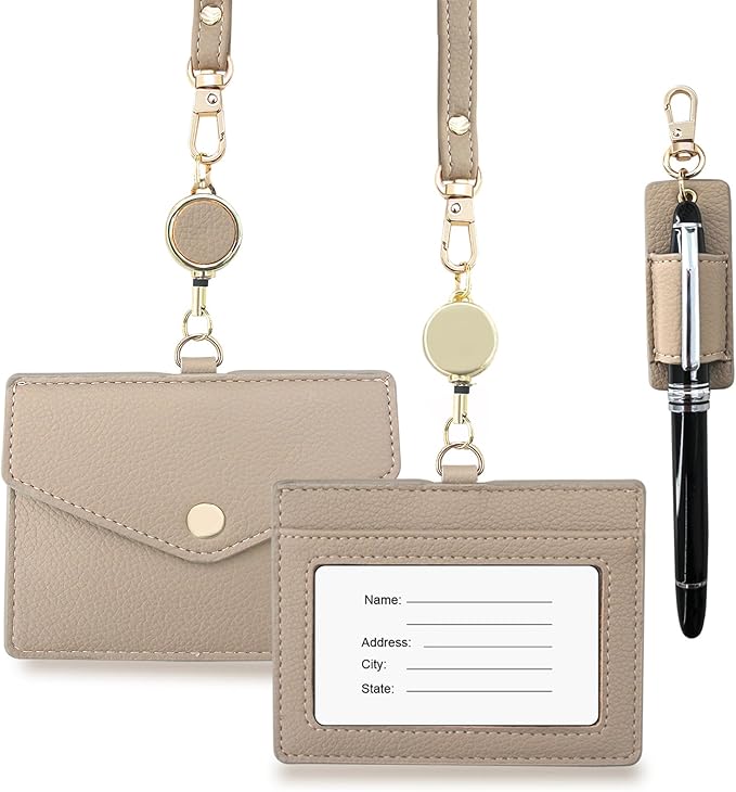 Office Badge Holder - Boshiho Genuine Leather Credit ID Card Holder with Stretch Neck Lanyard and Pen Clip, Gift Box (Horizontal-Light Brown)