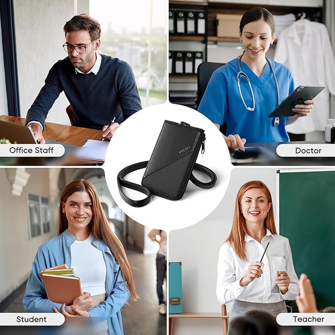 VULKIT Leather Work ID Badge Holder for Lanyard with Zipper Pocket, Work Badge Lanyard for Women and Men, Suitable for Offices Staff, Teacher, Can Hold Coins, Key, Cash, Credit Card, Jet Black