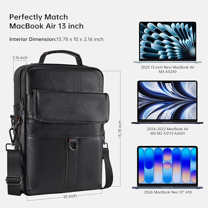 13 Inch Laptop Leather Sleeve for 2026-2022 MacBook Air 13 M5 M4 M3 M2 A3449 A3240 A3113 A2681, 13" MacBook Neo A18, Protective Carrying Bag Shoulder Travel Case with Pockets, Black
