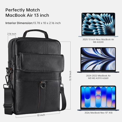 13 Inch Laptop Leather Sleeve for 2026-2022 MacBook Air 13 M5 M4 M3 M2 A3449 A3240 A3113 A2681, 13" MacBook Neo A18, Protective Carrying Bag Shoulder Travel Case with Pockets, Black