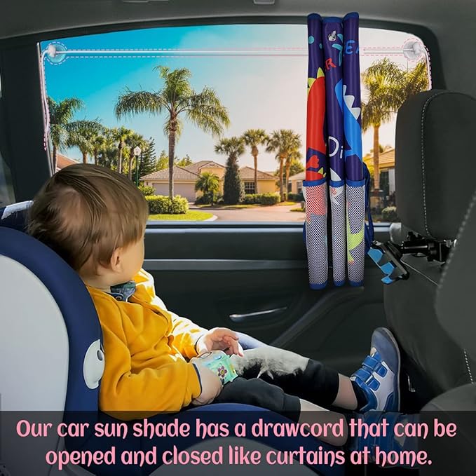 DIZA100 Car Window Shade for Baby, 2 Pack Car Sun Shades with Storage Net Pocket Auto Window Curtain 7 Suction Cups Blue Dinosaurs for Sun/Heat/UV Rays Protection Kids