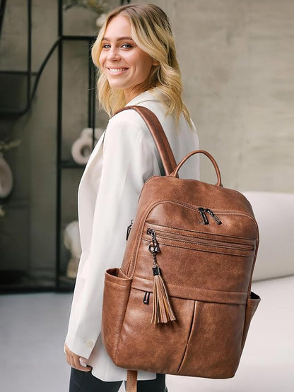 Leather Laptop Backpack for Women, 15.6" Causal Daypack Backpacks Purse Computer Backpack with Laptop Compartment for Travel Work College Business, Brown