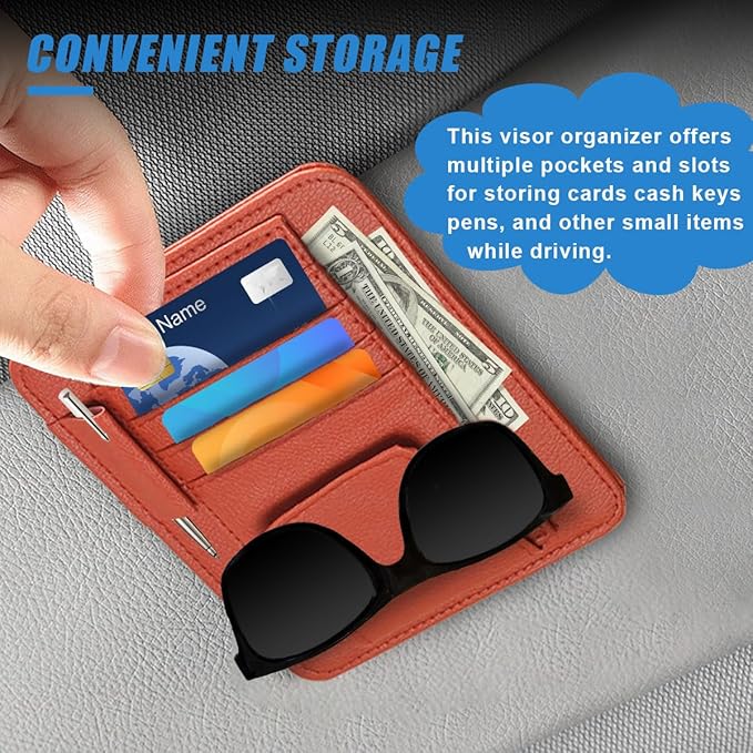 Small Leather Car Sun Visor Organizer - Multifunctional Car Interior Sunglass Holder Auto Visor Document Holder - Auto Card Sleeve Pocket Pouch Organizer for Driving License Registration Pen (Red)