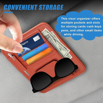 Small Leather Car Sun Visor Organizer - Multifunctional Car Interior Sunglass Holder Auto Visor Document Holder - Auto Card Sleeve Pocket Pouch Organizer for Driving License Registration Pen (Red)