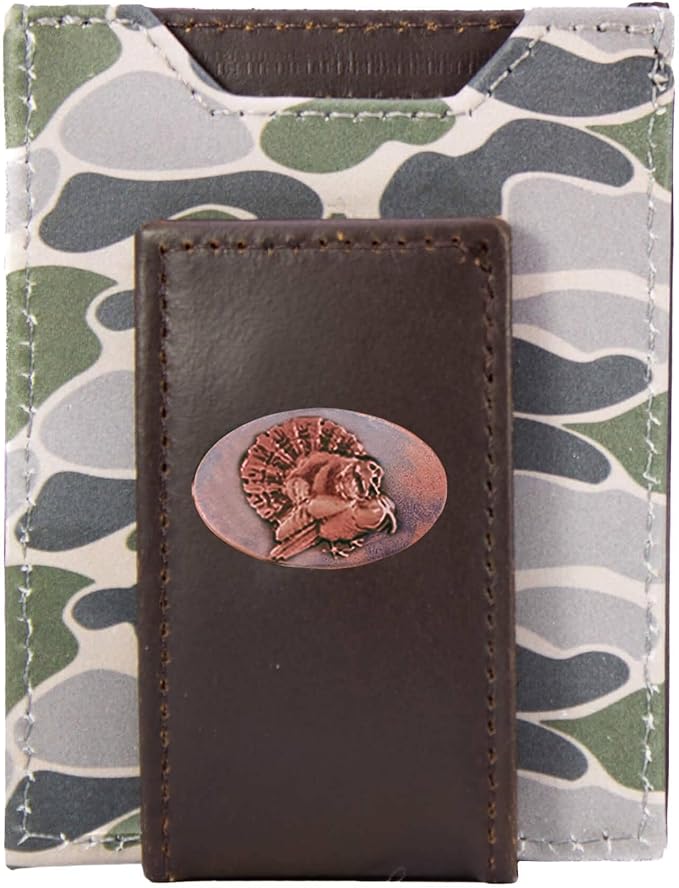 ZEP-PRO Turkey Men's Magnetic Front Pocket Old School Camo Leather Wallet – Slim Design with Card Slots and Money Clip, Green/Gray Camo