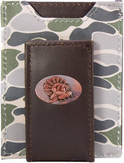 ZEP-PRO Turkey Men's Magnetic Front Pocket Old School Camo Leather Wallet – Slim Design with Card Slots and Money Clip, Green/Gray Camo