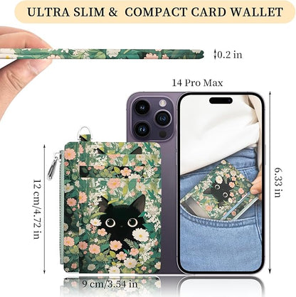 Hancynir Slim Wallet Women Credit Card Holder Cute Black Cat Floral RFID Small Mini Card Case Front Pocket PU Leather Thin Travel Zipper Coin Cash ID Window Girls Wallet Gifts
