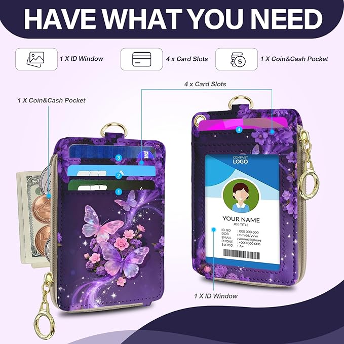 Lanyard Wallet with Id Badge Holder, RFID Small Keychain Wallet Lanyard for Women Wristlet, Pu Leather Zipper Credit Card Holder Phone Wrist Neck Strap for Key Name Tag - Purple Butterfly