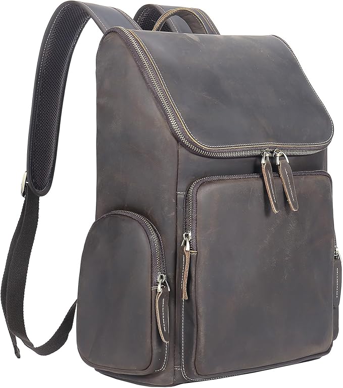 boshiho Genuine Leather Backpack for Men & Women, 13 Inch Laptop Backpack, Water-Resistant Business Travel Backpack, Premium Crazy Horse Leather Work Bag (Dark Brown)