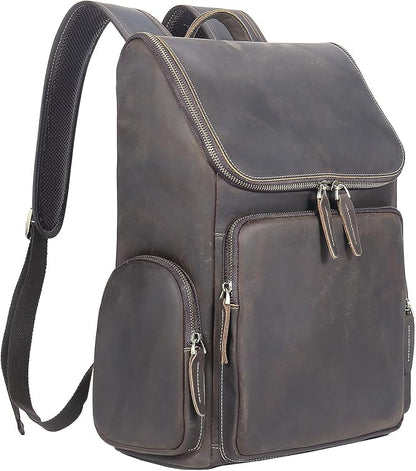 boshiho Genuine Leather Backpack for Men & Women, 13 Inch Laptop Backpack, Water-Resistant Business Travel Backpack, Premium Crazy Horse Leather Work Bag (Dark Brown)