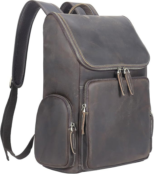 boshiho Genuine Leather Backpack for Men & Women, 13 Inch Laptop Backpack, Water-Resistant Business Travel Backpack, Premium Crazy Horse Leather Work Bag (Dark Brown)