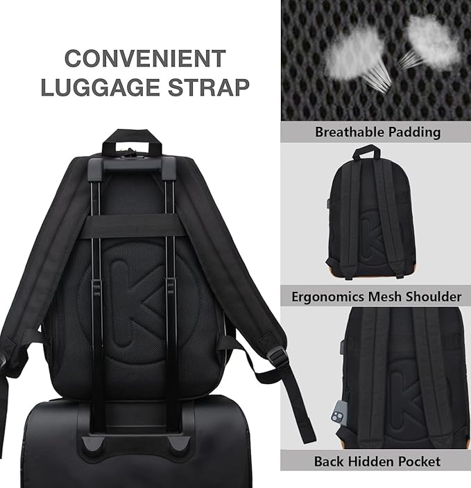 Laptop Backpack with Leather Decoration, USB Charging Port, Classic Backpack for College, Work, Travel(18 Inches/Grey