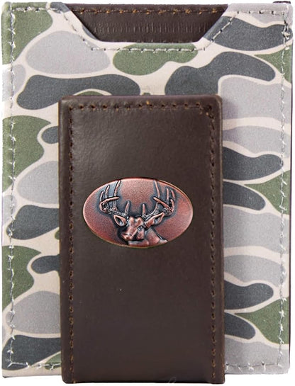 ZEP-PRO Buck Men's Magnetic Front Pocket Old School Camo Leather Wallet – Slim Design with Card Slots and Money Clip, Green/Gray Camo