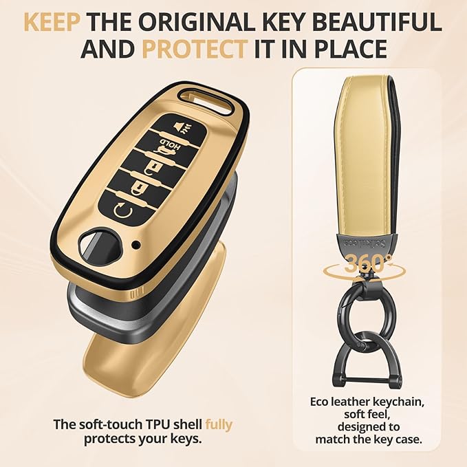 for Nissan Key Fob Cover Accessories- Matte TPU Key Fob Cover with Leather Keychain for 2023 2024 Rogue Pathfinder Versa 2025 Sentra Patrol Armada Smart and More (Champagne Gold, 5 Buttons)