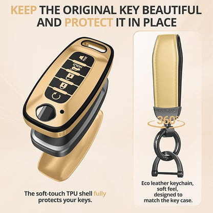 for Nissan Key Fob Cover Accessories- Matte TPU Key Fob Cover with Leather Keychain for 2023 2024 Rogue Pathfinder Versa 2025 Sentra Patrol Armada Smart and More (Champagne Gold, 5 Buttons)