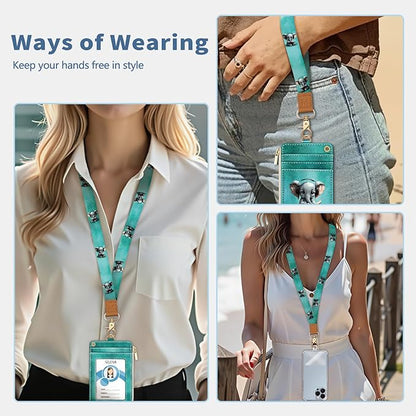 Lanyard Wallet with Id Badge Holder, Elephant RFID Small Keychain Wallet Women Wristlet, Cute Zipper Credit Card Holder Phone Wrist Neck Strap for Key Name Tag, Teacher Student Office Gifts