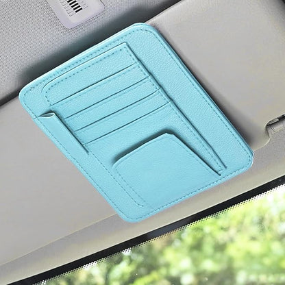Car Sun Visor Organizer, PU Leather Vehicle Visor Document Storage Pocket for Sunglass Card Pen, Multifunctional Automotive Interior Holder Accessories, Universal Fit (Blue)