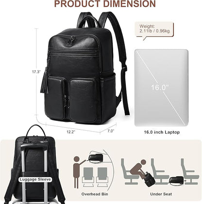Shrrie Laptop Backpack for Women 16 Inch,Vegan Leather Travel Backpack Purse Work Business Computer Backpacks Teacher Nurse College Laptop Bookbag Casual Daypack,Two-toned Black