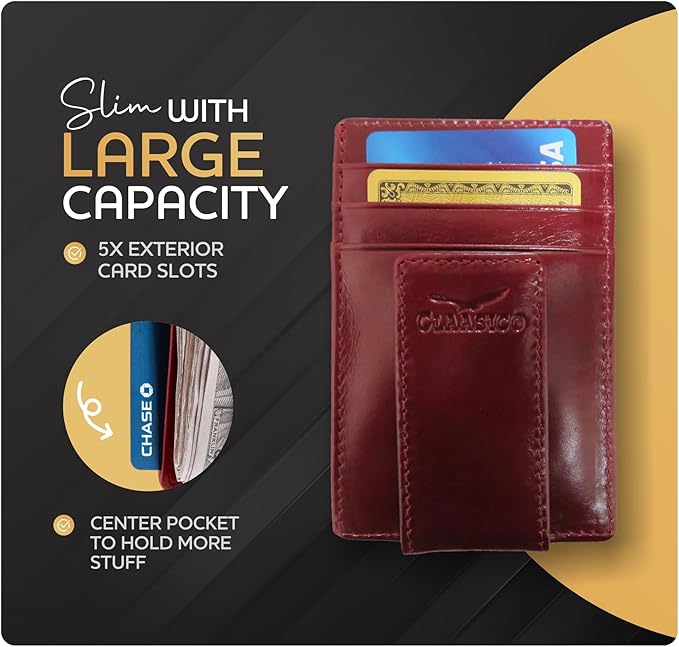 Claasico Men’s Leather Money Clip Wallet – Slim Front Pocket Wallet w/Super Strong Magnetic Clip, RFID Blocking, 5 Card Slots & Center Pocket + ID Window