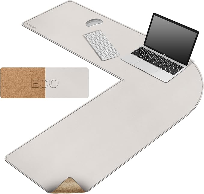 MAIDERN (43.3” + 43.3”) x 13” L Shaped Corner Desk Mat, Cork & Leather Dual Sided Desk Pad for Gaming Computer Office Home (Cream) …