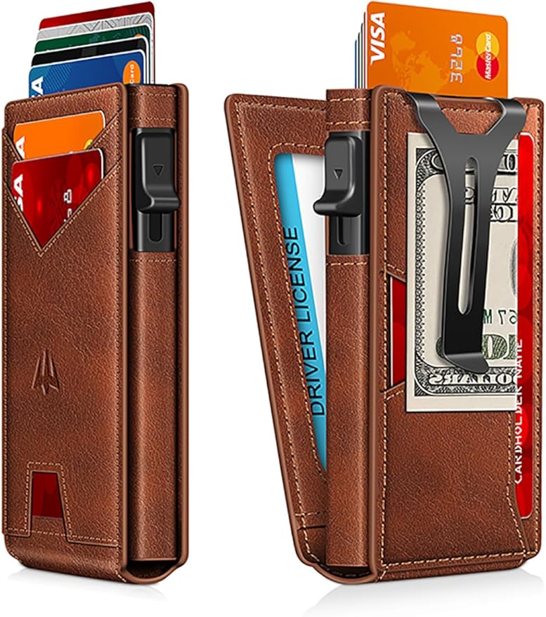Wallet for Men, Slim Minimalist Wallet with Money Clip＆ID Window, RFID Blocking Pop-Up Credit Card Holder, Smart Auminum Mens Wallet Holds 9-13 Cards (Gift Box) (Red Brown)