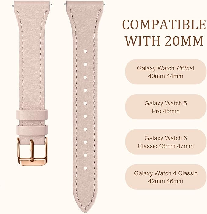 GEAK Slim Leather Band Compatible with Galaxy Watch 7 Band/6 5 4 FE 40mm 44mm/5 pro 45mm/Classic/Galaxy Active 2, 20mm Genuine Leather Strap with Quick Release Buckle for Samsung Watch Bands Women