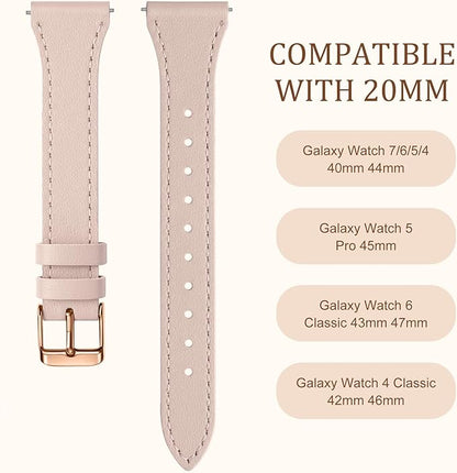 GEAK Slim Leather Band Compatible with Galaxy Watch 7 Band/6 5 4 FE 40mm 44mm/5 pro 45mm/Classic/Galaxy Active 2, 20mm Genuine Leather Strap with Quick Release Buckle for Samsung Watch Bands Women
