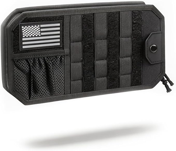 Car Tactical Sun Visor Organizer Sag-Free MOLLE Panel with Zipper Storage & Glasses Clip Universal Fit for Trucks, SUVs, and Patrol Vehicles - Ideal for Daily Use & Outdoor Adventures（Black）