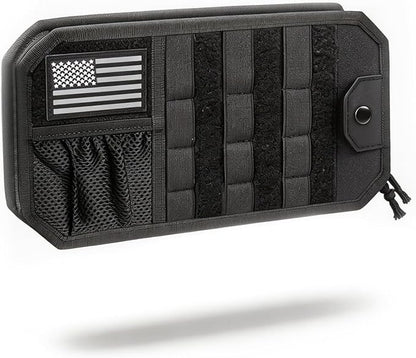 Car Tactical Sun Visor Organizer Sag-Free MOLLE Panel with Zipper Storage & Glasses Clip Universal Fit for Trucks, SUVs, and Patrol Vehicles - Ideal for Daily Use & Outdoor Adventures（Black）