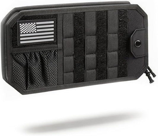 Car Tactical Sun Visor Organizer Sag-Free MOLLE Panel with Zipper Storage & Glasses Clip Universal Fit for Trucks, SUVs, and Patrol Vehicles - Ideal for Daily Use & Outdoor Adventures（Black）