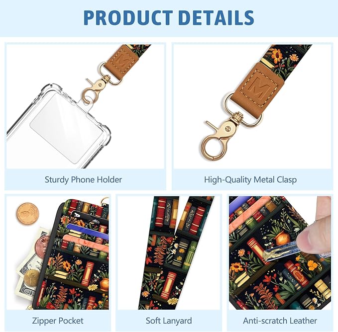Piefly Plant Book Shelf Lanyard Wallet with ID Badge Holder, Floral Small RFID Wallet Women Keychain Wristlet, Slim Credit Card Holder with Zipper Pocket Phone Lanyard Wrist Strap Office Teacher Gift