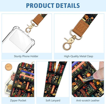 Piefly Plant Book Shelf Lanyard Wallet with ID Badge Holder, Floral Small RFID Wallet Women Keychain Wristlet, Slim Credit Card Holder with Zipper Pocket Phone Lanyard Wrist Strap Office Teacher Gift