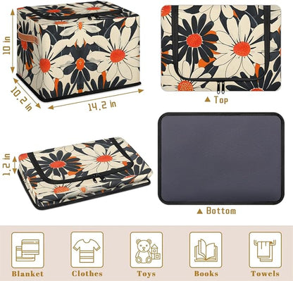 Orange Flowers Storage Bins With Zipper Lid, Collapsible Trunk Organizer, Car Organizers and Storage Bins with Lids, Decorative Storage Boxes with Handle, Home Storage Baskets for Organizing